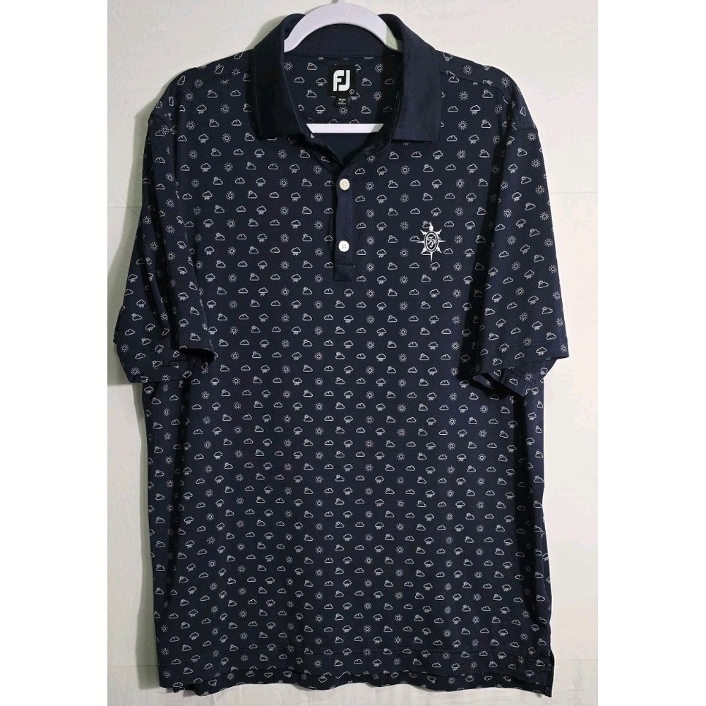 FootJoy FJ Golf Polo Shirt Mens L‎ Blue All-Over Print Weather Clouds Sun rain